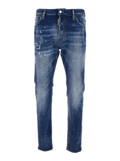 Dsquared2 Cool Gut Blue Jeans With Belt Loops And All-over Painted Details In Denim Man