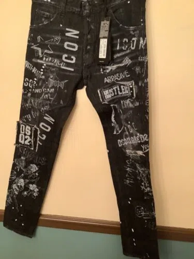 Pre-owned Dsquared2 Cool Guy Black Slim Button Fly Graffiti Skater Jeans 44 (32x30)