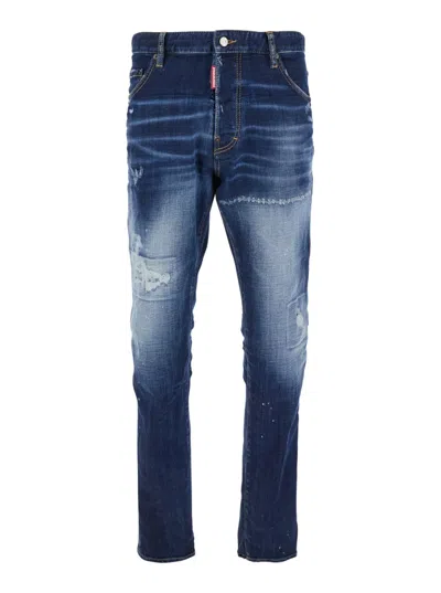 Dsquared2 'cool Guy' Blue Five Pocket Jeans With Distressed Effect And Logo Patch On The Back In Denim Man