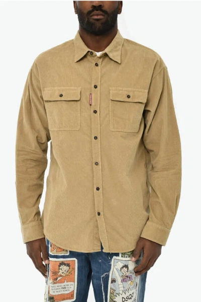 Dsquared2 Corduroy Overshirt With Double Breast Pockets In Neutral