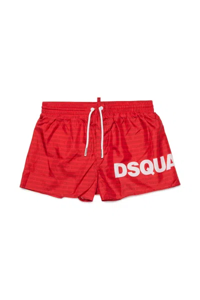 Dsquared2 Kids' Boxer Swim Trunks With Logo In Red