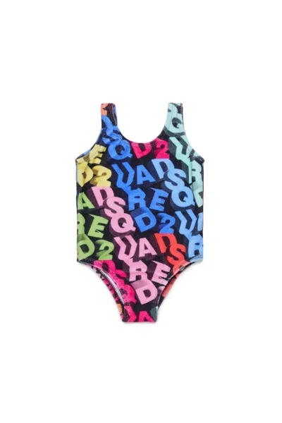 Dsquared2 Kids' One-piece Swimsuit With All-over 3d Logo In Multi