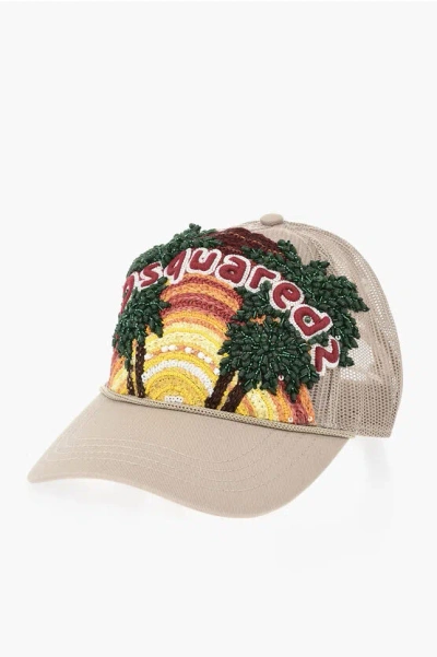 Dsquared2 Cotton And Mesh Baseball Cap Tropical With Bead And Sequin E In Gold