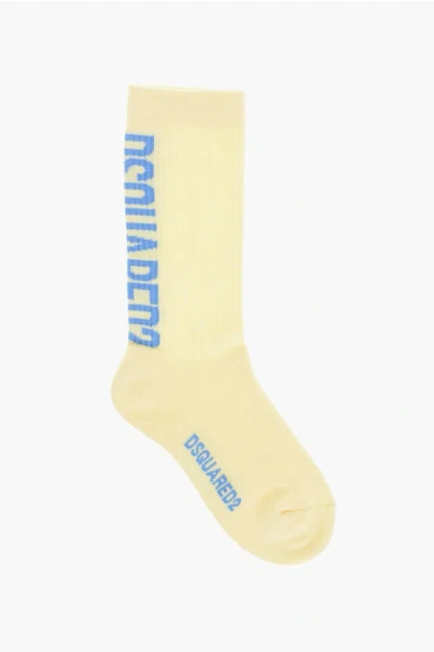 Dsquared2 Cotton And Stretch Nylon Bicolor Long Socks In Yellow