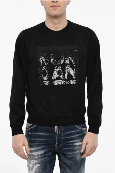 Dsquared2 Cotton Blend Sweatshirt With Sequined Monogram In Black