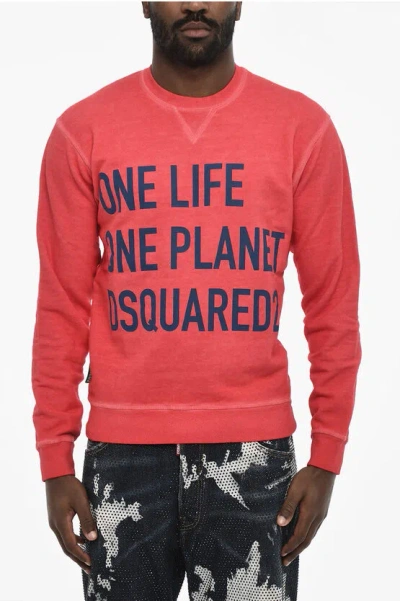 Dsquared2 Cotton Crew-neck Sweatshirt With Frontal Maxi Print In Red