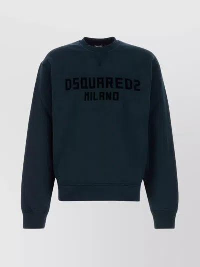 Dsquared2 Cotton Crew Neck Sweatshirt With Ribbed Cuffs And Hem In Blue