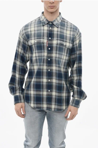 Dsquared2 Cotton Flannel Shirt With Plaid Check Pattern In Blue