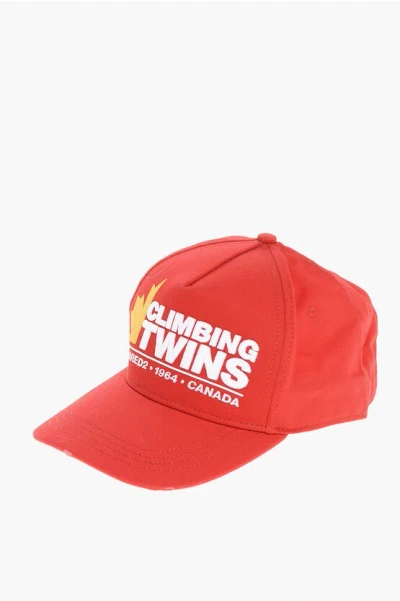 Dsquared2 Cotton Gabardine Baseball Cap Climbing Twins With Raised Det In Red