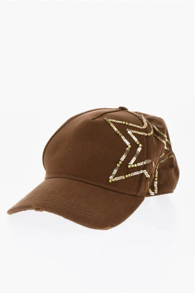 Dsquared2 Cotton Gabardine Hat With Sequins In Brown