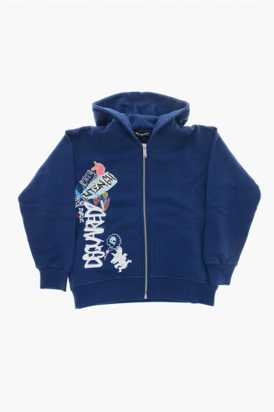 Dsquared2 Cotton Hoodie Slouch Fit With Print In Blue