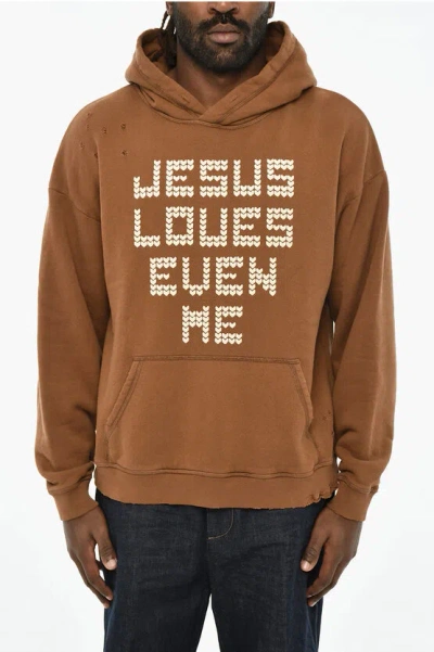 Dsquared2 Cotton Hoodie With Frontal Embossed Embroidery In Brown