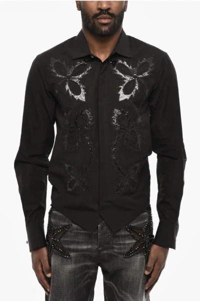 Dsquared2 Cotton Poplin Casual Shirt With Embroidery In Black