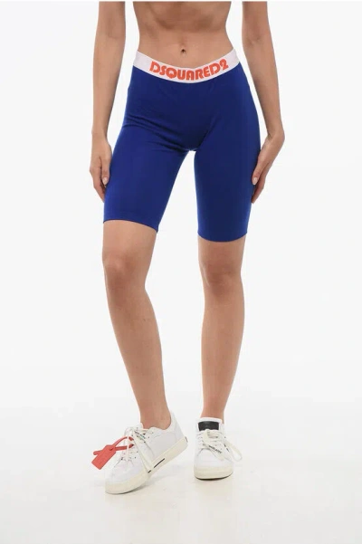 Dsquared2 Cotton Stretch Cycling Shorts With Logoed Band In Blue
