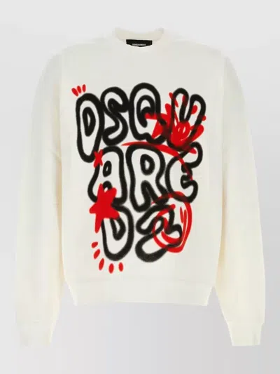 Dsquared2 Cotton Sweatshirt Graphic Print Ribbed Cuffs Hem In White