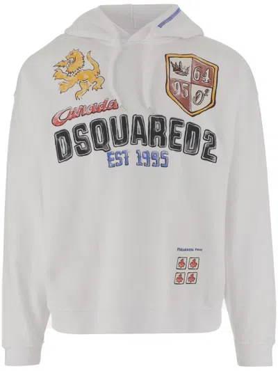 DSQUARED2 COTTON SWEATSHIRT WITH ADJUSTABLE HOOD AND LOGO PRINT