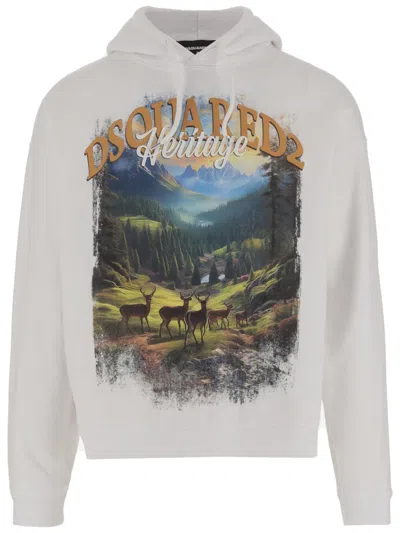 DSQUARED2 DSQUARED2 COTTON SWEATSHIRT WITH NATURE-INSPIRED PRINT AND ADJUSTABLE HOOD