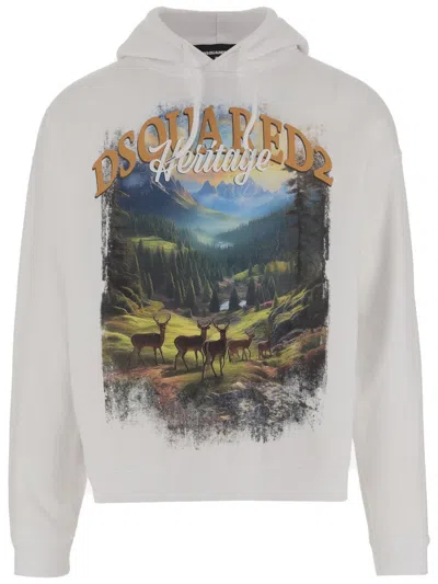 DSQUARED2 COTTON SWEATSHIRT WITH NATURE-INSPIRED PRINT AND ADJUSTABLE HOOD