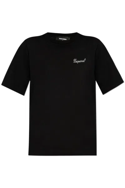Dsquared2 Cotton T-shirt With Rhinestone Logo Detail In Black