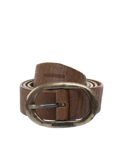 Dsquared2 Craquele Leather Logo Buckle Belt In Brown