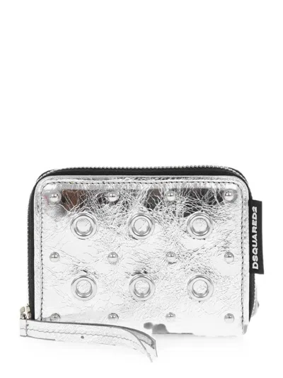Dsquared2 Craquelé-effect Eyelet-embellished Wallet In Silver