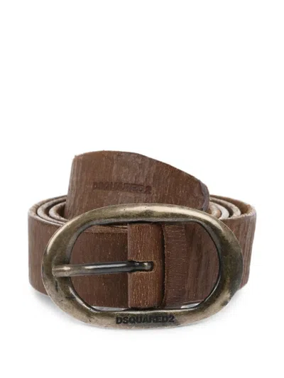 Dsquared2 Craquele Leather Logo Buckle Belt In Brown