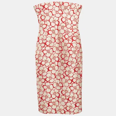 Pre-owned Dsquared2 Cream And Red Floral Lurex Jacquard Strapless Dress M