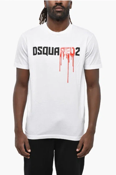 Dsquared2 Crew Neck Bloody Red T-shirt With Embossed Print In White