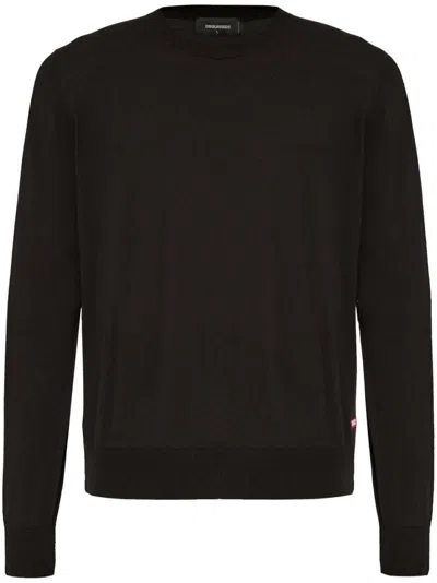 Dsquared2 Crew Neck Brown Sweater With Rear Embroidered Logo In Black