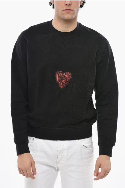 Dsquared2 Crew Neck Brushed Leather Sweatshirt With Textured Print In Black