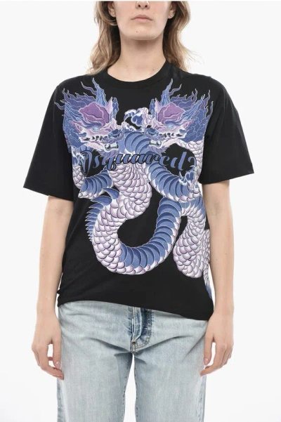 Dsquared2 Crew Neck Cotton Jersey T-shirt Easy Fit With Japanese Print In Black
