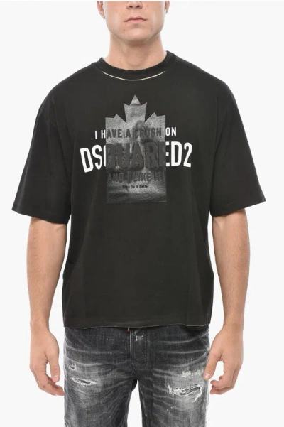 Dsquared2 Crew Neck Crush Cotton T-shirt With Embossed Print In Black