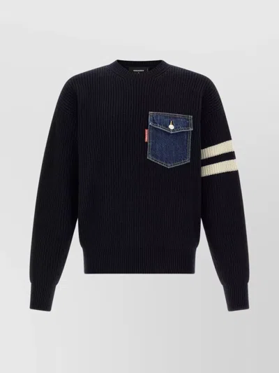 DSQUARED2 CREW NECK DENIM POCKET SWEATER WITH STRIPED SLEEVES
