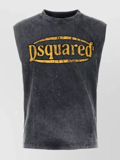 Dsquared2 Crew Neck Distressed Sleeveless Tank Top In Gray