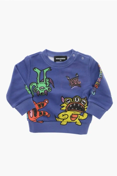 Dsquared2 Babies' Crew Neck Graffiti Brushed Cotton Sweatshirt In Blue