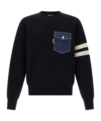 DSQUARED2 DENIM-POCKET RIBBED SWEATER