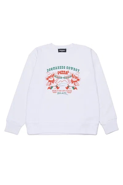 Dsquared2 Kids' Crew-neck Sweatshirt With Cowboy Pizza Graphics In White