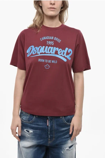 Dsquared2 Crew Neck T-shirt Easy Fit Solid-colored With Printed Logo In Burgundy