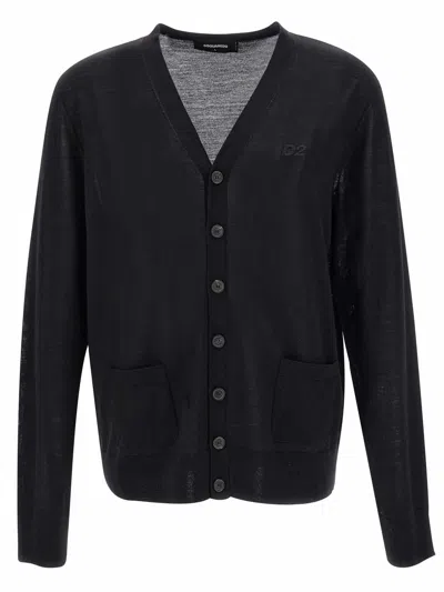Dsquared2 Crew-neck Wool Tricot Cardigan In Blue