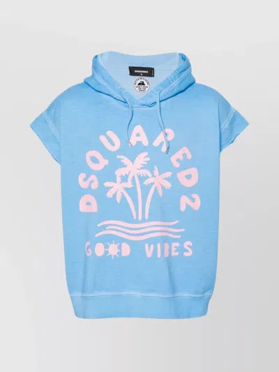 Dsquared2 Crewneck Sweater With Cap Sleeves And Graphic Print In Blue