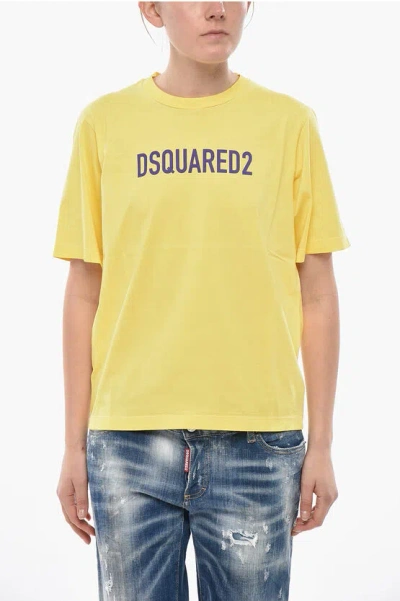 Dsquared2 Crewneck T-shirt Easy Fit In Solid Color With Contrast Logo In Yellow
