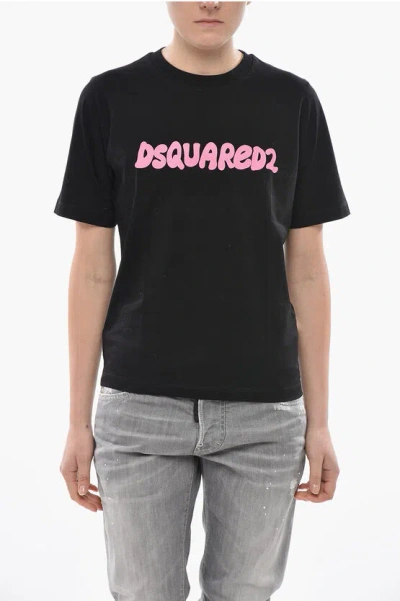 Dsquared2 Crewneck T-shirt Easy Fit In Solid Color With Printed Logo In Black