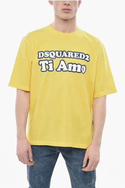 Dsquared2 Crewneck T-shirt Skater Fit In Solid Color With Front Print In Yellow
