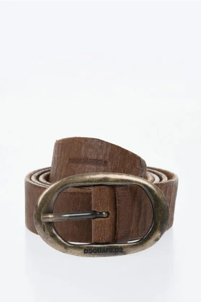 Dsquared2 Crinkled Leather Belt With Logoed Buckle 35mm In Brown