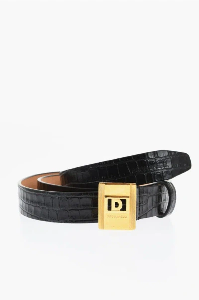 Dsquared2 Crocodile Effect Leather Belt With Golden Buckle 25mm