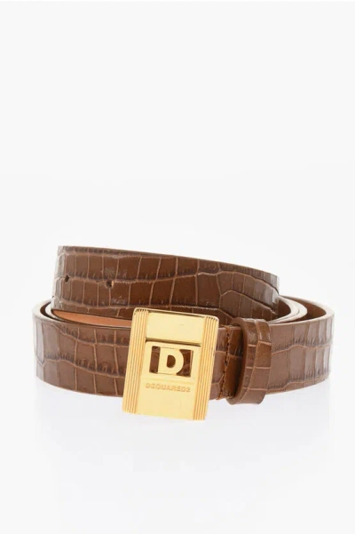 Dsquared2 Crocodile Effect Leather Belt With Golden Buckle 25mm