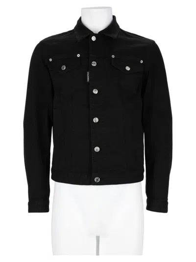 Dsquared2 Cropped Black Denim Jacket With Silver-tone Hardware