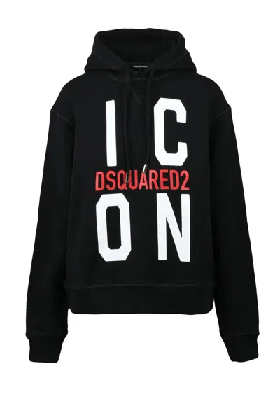 Dsquared2 Cropped Black Hoodie With Drawstring Hood In Burgundy