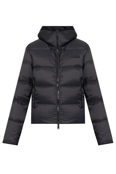 Dsquared2 Cropped Black Jacket With Quilted Design And Hood