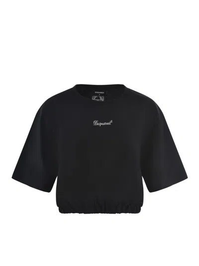 Dsquared2 Cropped Black T-shirt With Gathered Hemline